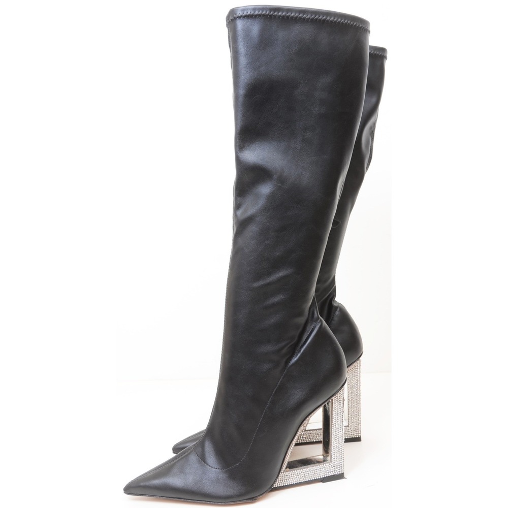 Schutz Filipa Glam Knee High Boots Black Leather Sculptural Heel Size 10